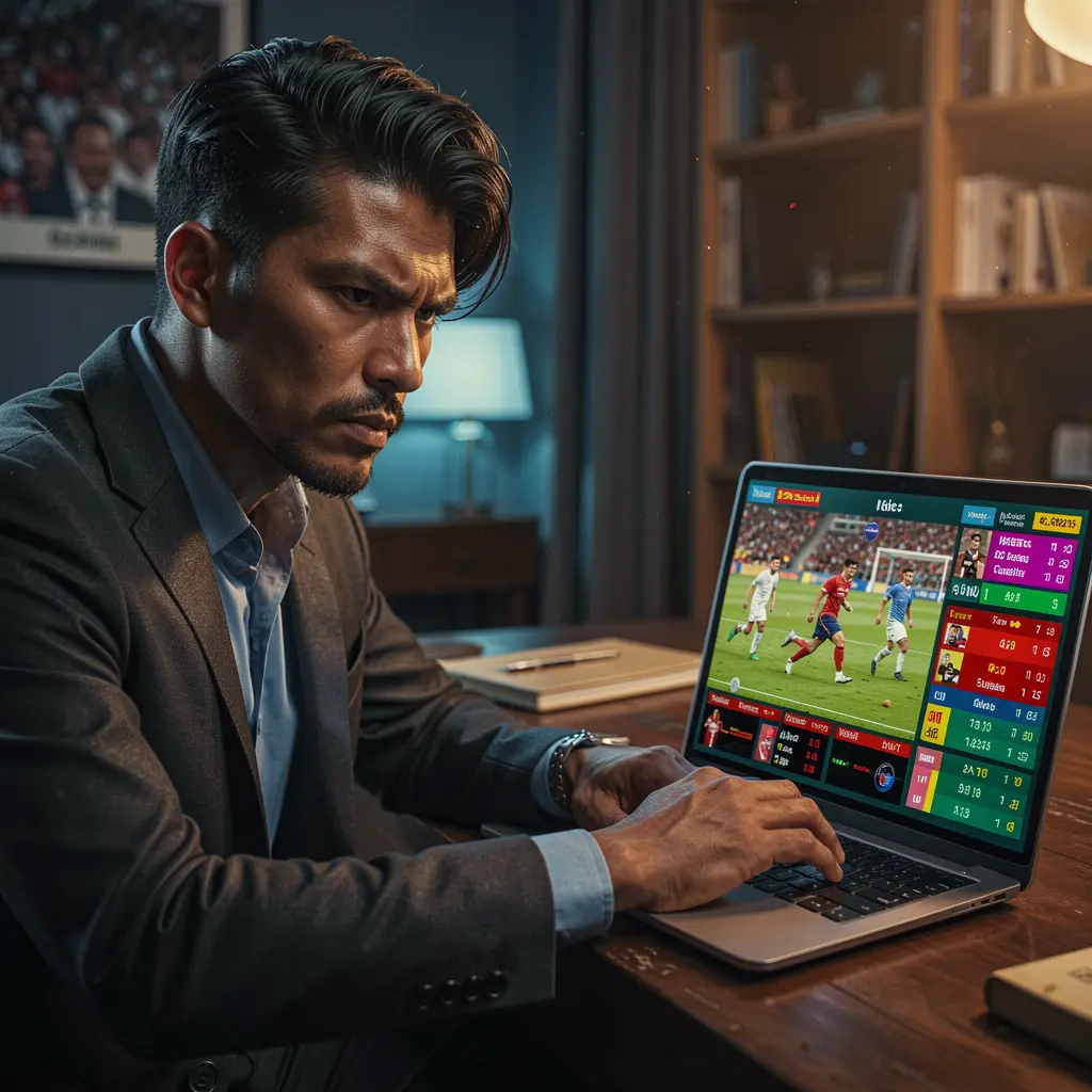 Focused Malaysian sports bettor using a laptop with live football odds and match details on the 99JOM betting platform